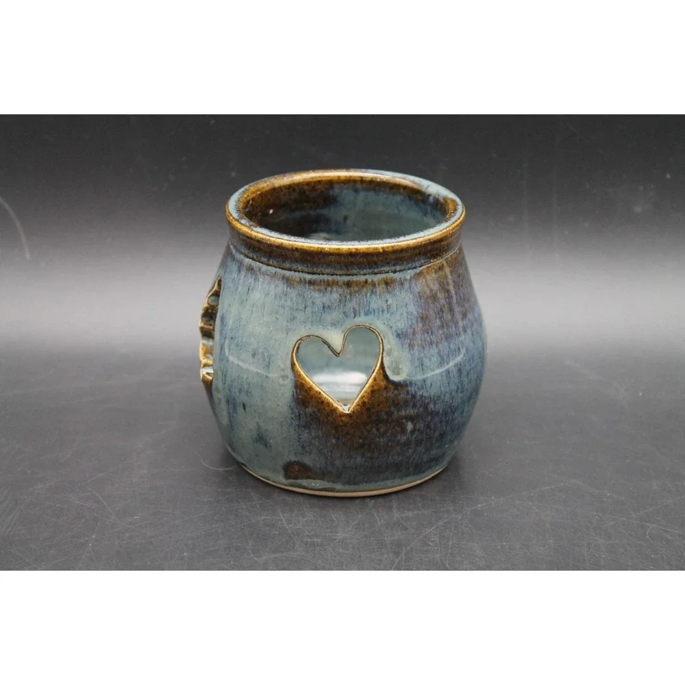 Handmade Pottery Luminary Candle Holder Blue Brown Glazed Tree Heart Cutouts